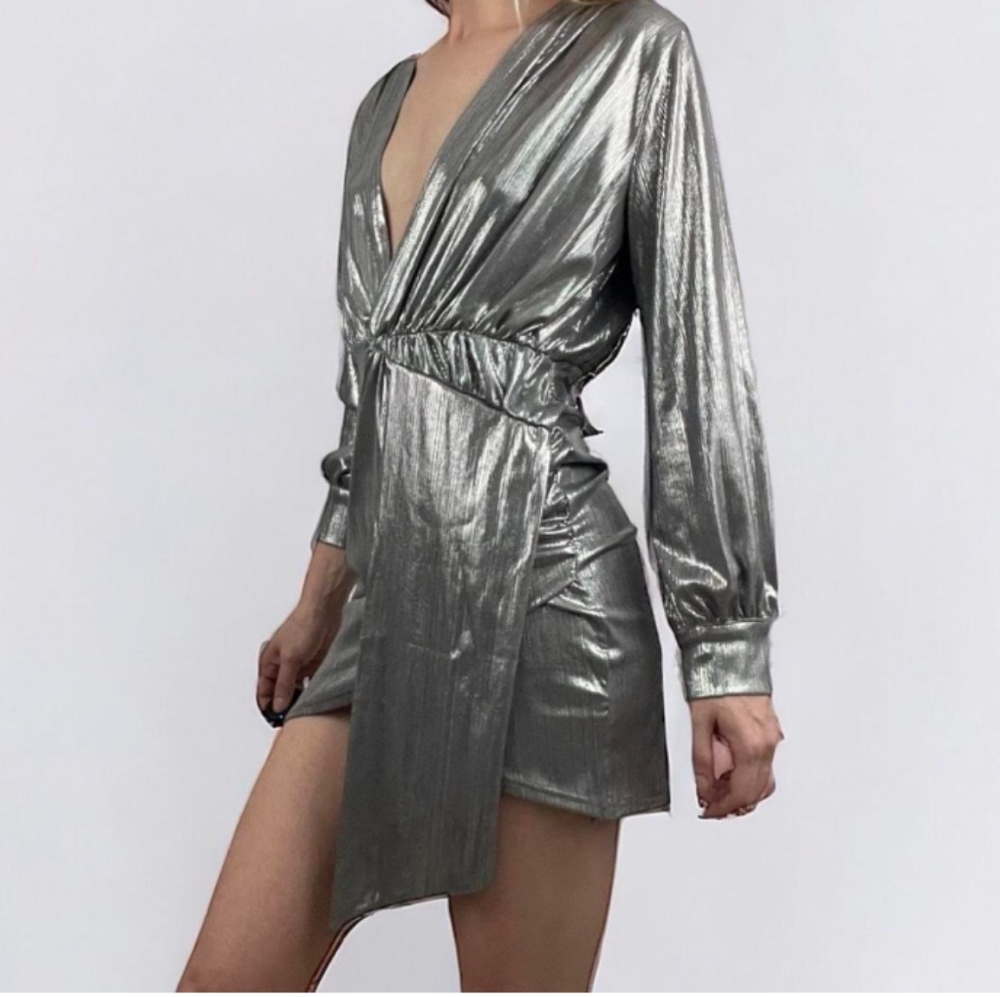 Metallic Silver Wrap Mini Dress Size M
